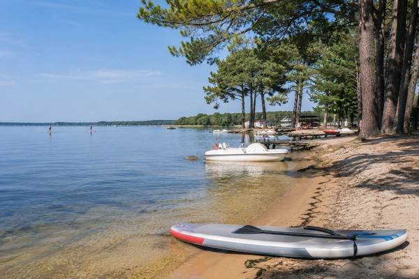 Paddle posé sur une plage bordée de pins au lac de Biscarrosse-Parentis